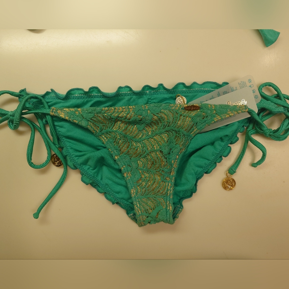 Flaw NWT Gold & Green LULI FAMA Crochet Halter Top DD Tie-Side Bikini SwimSuit M - Picture 4 of 15